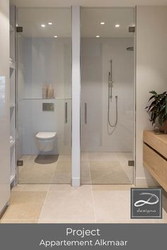 a bathroom with a walk in shower next to a toilet