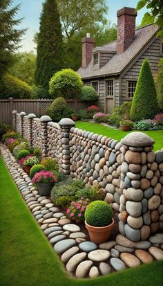 a stone wall with potted plants in front of it and a house on the other side