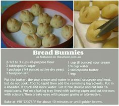 instructions for bread bunnies on a cutting board and in a bowl with a knife