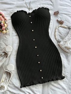 Women Sexy Fitted Ribbed Knit Ruffled Hem Tube Dress Black Casual  Sleeveless Knitwear Plain  Slight Stretch  Women Clothing, size features are:Bust: ,Length: ,Sleeve Length: