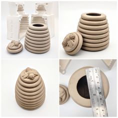 four different views of clay sculptures with measuring tape in front of them and on the bottom