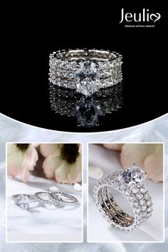 the wedding ring is shown in three different pictures, including an oval shaped diamond and two rows