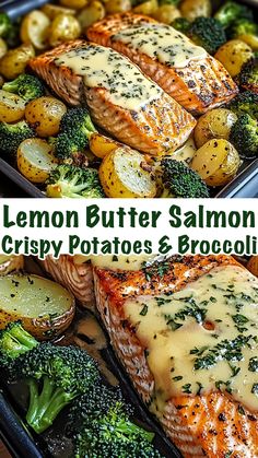 two trays filled with salmon, potatoes and broccoli covered in lemon butter sauce