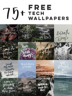 an image with the text free 75 + tech wallpapers in different font styles