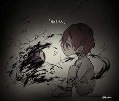 an anime character with the words hello written above her head, in front of a dark background