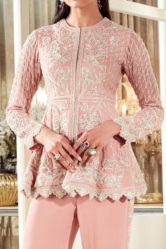 Buy Ridhi Mehra Pink Georgette Senna Peplum Tunic And Pant Set Online | Aza Fashions Pearl Embroidery, Luxury Sale, Pattern Embroidery, Stylish Dress Designs, Bell Bottom, Cut Work