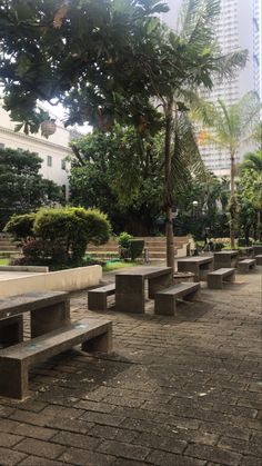 several concrete benches are lined up on the brick walkway in front of trees and buildings