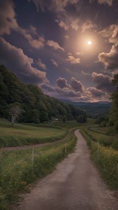 a dirt road in the middle of a lush green field under a full moon filled sky