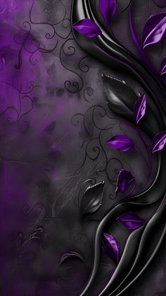 an artistic purple and black background with leaves on it's side, as well as swirls