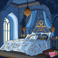 a bed with blue sheets and pillows in a room that looks like it has been painted