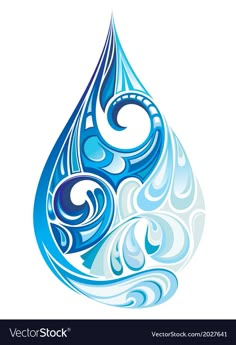 a blue water drop with swirls and waves in the shape of a wave on a white