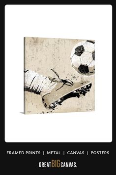 a black and white photo of a soccer ball and glove with the words, framed prints metal canvass posters great big canvass