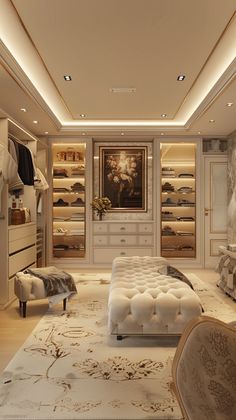 a bedroom with white furniture and lots of closet space, including a footstool