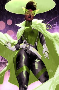 an illustration of a woman in green and black costume with her hands on her hips