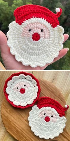 crocheted santa claus coasters on a wooden board