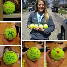 a collage of photos showing softballs with words written on them