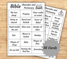 two cards with the words bible and pictures on them, both in black and white