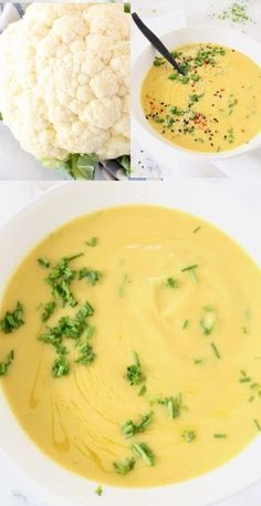 three different bowls of soup with broccoli and cauliflower