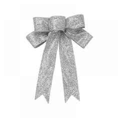 a large silver bow with glitter on the front and back ends, tied to a white background