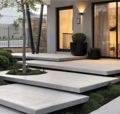 modern concrete steps leading up to the front door of a house with potted trees