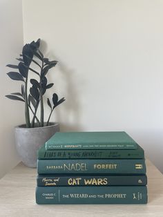 three books sitting on top of each other next to a potted plant in a corner