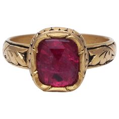 A ring with natural Ruby hand made in 18K Gold with intricate floral work on Gold. The work on Gold is a very old Indian technique called "Partash" which can be only done by hand. This gives the ring great detailing and makes it unique. Ring Size: US7.8 Cabochon Rings, Ancient Rings, Ruby Ring Vintage, Jelly Opal, Natural Ruby Ring, Georgian Jewelry, Ruby Ring Gold, Ruby Rings, Floral Work