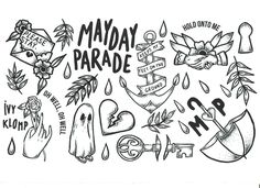 many different tattoos are drawn in black and white, with the words may parade written on them