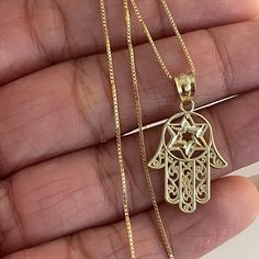 Impeccable And Finely Made 10kt Yellow Gold Necklace 10kt Real Gold. Not Plated. Not Filled. Api22984 Length: 20 Inches Comes With Gift Box *All Items Are Certified 100% Real Gold And Stamped In Accordance To Its Karat. You Can Have It Check With Your Local Pawnshop To Have It Tested. Hamsa Charm, Gold Hamsa, Yellow Gold Necklace, Real Gold, Gold Yellow, Womens Jewelry Necklace, Charm Necklace, Gold Necklace, Gift Box