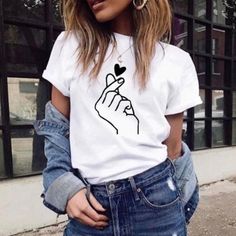 Finger Snap Heart T-Shirt Trendy White T-Shirt Polyester Fiber Short Sleeve Round Neck Thank You For Checking Out My Closet Please Message Me With Any Questions Before You Purchase Colombian Outfits, T Shirt Branca, Love T Shirt, Fashion Tees, Shirts & Tops, White T, Casual T Shirts, Women's Dresses, Short Tops