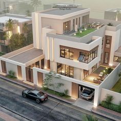 an artist's rendering of a modern house with cars parked in front