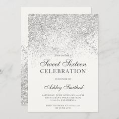 silver glitter sweet sixteen celebration card