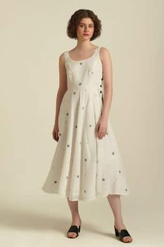 Ivory cotton dress with all over contrast geometric Jamdani handwoven pattern and side seam pockets. - Aza Fashions Off White Sleeveless Cotton Midi Dress, U Neck, Woven Dress, Dress For Women, Women Dresses, Cotton Dress, Aza Fashion, Cotton Dresses, Dresses Midi