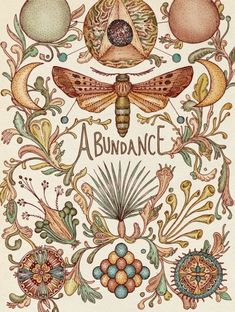 an illustration with the words abundance surrounded by different types of eggs and plants, including a dragonfly