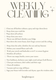 the weekly cleaning checklist is shown in black and white, with text on it