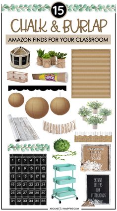 Chalkboard and burlap farmhouse classroom decor found on Amazon. Classroom Rustic Decor, Relaxed Classroom Decor, Brown And Green Classroom Decor, Natural Color Classroom Decor, Neutral Boho Classroom Theme, Modern Farmhouse Bulletin Board Ideas, Rustic Classroom Ideas, Farmhouse Preschool Classroom