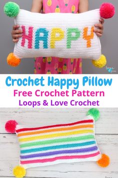 the crochet happy pillow is made with colorful yarn and pom poms