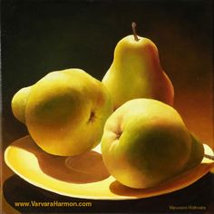 three pears on a yellow plate, one is still in the bowl and one has been painted