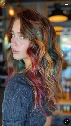 Hair Ideas For Summer 2024, Light Brown Hair With Vivid Color, Copper Rainbow Hair, Light Brown Hair With Pop Of Color, Dyed Roots On Brown Hair, Summer Hair Colour Ideas, Fantasy Color Balayage, Rainbow Balayage Hair, Fall Vivid Hair Color For Brunettes