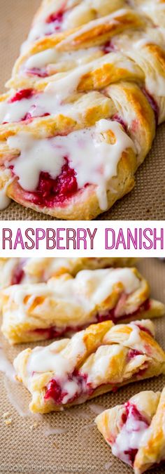 raspberry danish bread with white icing on a baking sheet and then rolled up