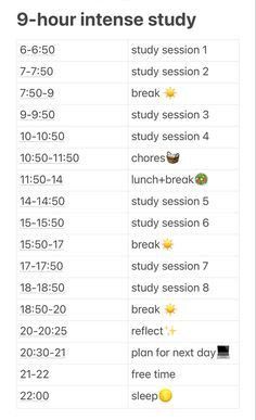 an image of a table with the words 9 - hour intense study