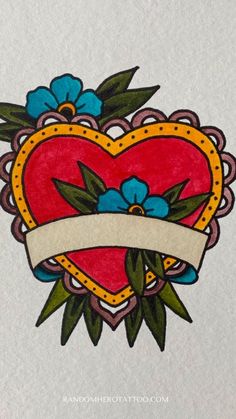 a drawing of a heart with flowers on it and a ribbon hanging from the middle