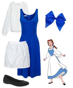 a woman in blue and white outfit next to shoes