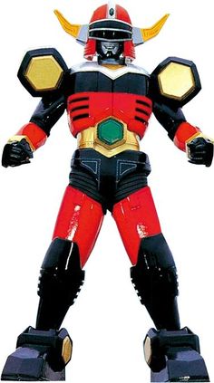 an action figure is shown in red and black with horns on it's head