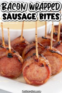 bacon wrapped sausage bites on a white plate