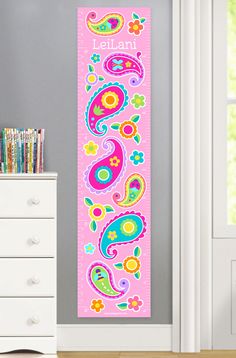 Paisley Personalized growth chart in pinks and lilacs. Paisley Wall Art, Canvas Growth Chart, Wall Growth Chart, Personalized Wall Decals, Kids Growth Chart, Stick Wall Art, Growth Charts, Girls Bedroom Decor, Kids Canvas