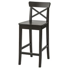 a gray wooden bar stool with a cross back