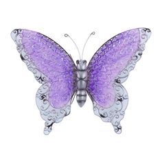 a purple and silver butterfly on a white background