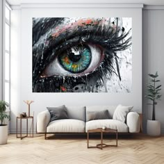 a living room with a white couch and large painting on the wall above it's eyes