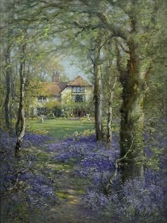 a painting of bluebells in front of a house with trees and bushes around it