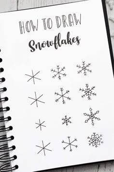 how to draw snowflakes on a notebook with the title overlay that reads, how to draw snowflakes